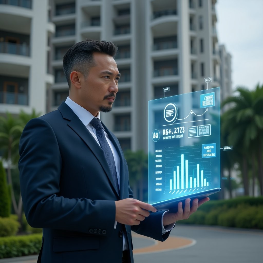 (Ultra-realistic condominium manager in a navy suit, set in a modern luxury condominium environment with high-rise buildings and well-kept green landscaping, examining a holographic financial dashboard displaying expense charts and budget graphs, holographic icons of coins and documents floating around, confident and focused expression, cinematic lighting, shallow depth of field, highly detailed textures, realistic skin, photographic realism, 8k resolution --ar 1:1 --v 6)