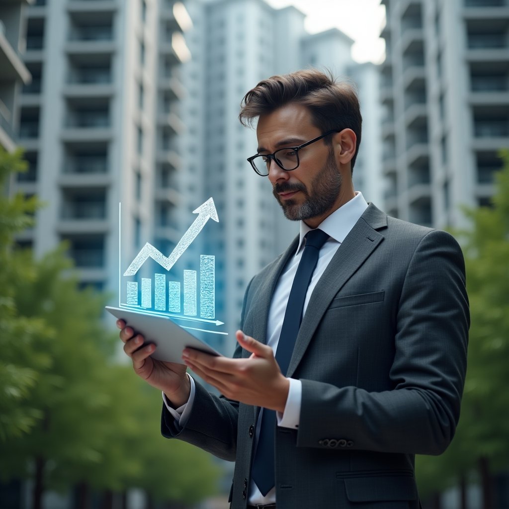 (Ultra-realistic condominium manager in a charcoal gray suit, set in a modern luxury condominium environment with high-rise buildings and lush green landscaping, analyzing a holographic financial chart with a downward arrow symbolizing cost reduction, confident and focused expression, cinematic lighting, shallow depth of field, highly detailed textures, realistic skin, photographic realism, 8k resolution --ar 1:1 --v 6)