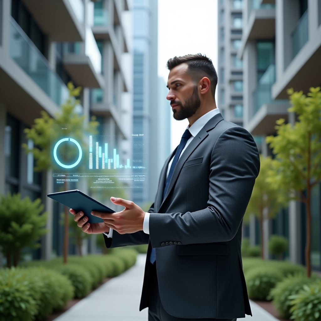 (Ultra-realistic condominium manager in a charcoal gray suit, set in a modern luxury condominium environment with high-rise buildings and manicured green landscaping, holding a digital tablet and reviewing floating holographic financial charts symbolizing transparent accounting, confident and focused expression, cinematic lighting, shallow depth of field, highly detailed textures, realistic skin, photographic realism, 8k resolution --ar 1:1 --v 6)