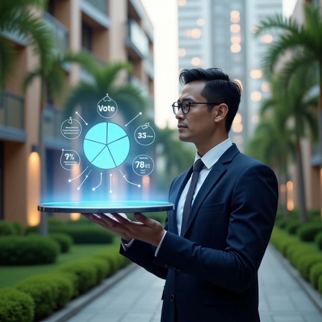(Ultra-realistic condo manager in a navy tailored suit, set in a modern luxury condominium environment with high-rise buildings and lush green landscaping, thoughtfully interacting with a holographic pie chart illustrating fractional ownership percentages and a floating digital voting icon, cinematic lighting, shallow depth of field, highly detailed textures, realistic skin, photographic realism, 8k resolution --ar 1:1 --v 6)