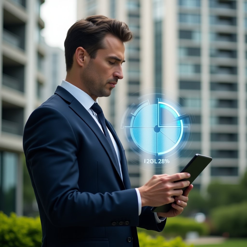 (Ultra-realistic property manager in a tailored navy blue suit, set in a modern luxury condominium environment with high-rise buildings and manicured green landscaping, examining a holographic pie chart of fractional ownership while holding a digital tablet, a translucent icon of scale and percentages floating beside them, confident and thoughtful expression, cinematic lighting, shallow depth of field, highly detailed textures, realistic skin, photographic realism, 8k resolution --ar 1:1 --v 6)