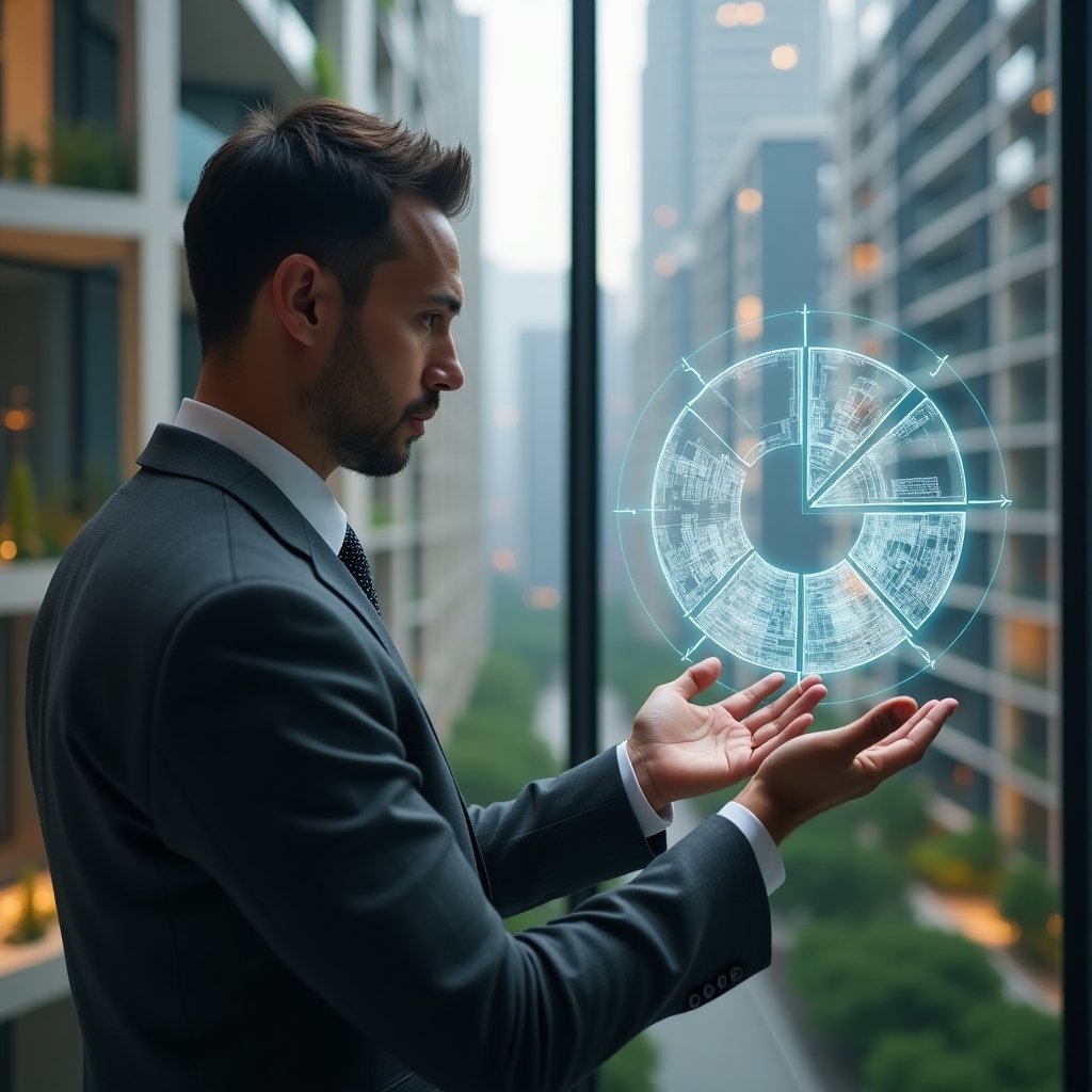 Ultra-realistic condominium manager in a charcoal gray suit, set in a modern luxury condominium environment with high-rise buildings and meticulously landscaped gardens, mid-shot close-up of a confident professional studying a holographic pie-chart of unit fractions floating above his hand, subtle translucent building blueprints in the background symbolizing ideal fractions, cinematic lighting, shallow depth of field, highly detailed textures, realistic skin, photographic realism, 8k resolution --ar 1:1 --v 6
