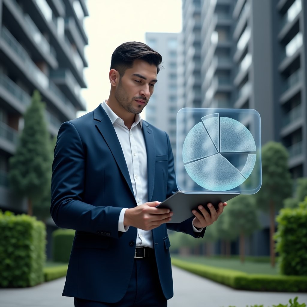 Ultra-realistic condominium manager in a navy blue suit, set in a modern luxury condominium environment with high-rise buildings and green landscaping, examining a holographic pie chart representing cost distribution, with a floating 3D fraction diagram overlay, confident and analytical expression, cinematic lighting, shallow depth of field, highly detailed textures, realistic skin, photographic realism, 8k resolution --ar 1:1 --v 6