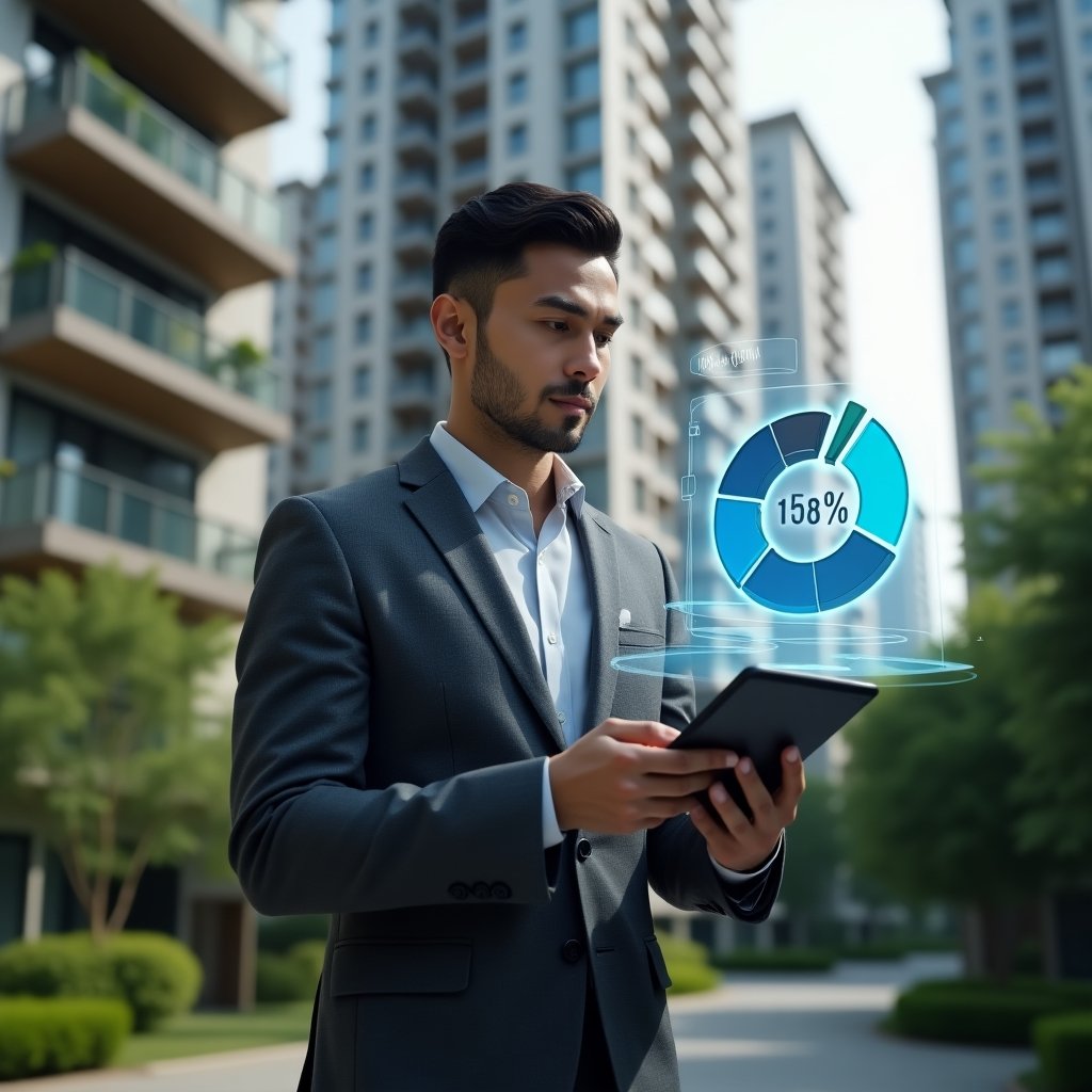 (Ultra-realistic condominium manager in a charcoal grey suit, set in a modern luxury condominium environment with high-rise buildings and lush green landscaping, medium shot of the manager confidently analyzing a holographic 3D pie chart displaying fractional percentages above a digital tablet, cinematic lighting, shallow depth of field, highly detailed textures, realistic skin, photographic realism, 8k resolution --ar 1:1 --v 6)