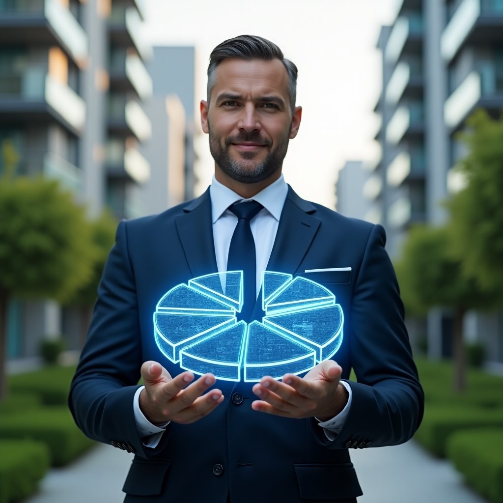 Ultra-realistic condominium manager in a tailored navy suit, set in a modern luxury condominium environment with high-rise buildings and lush green landscaping, holding a holographic 3D pie chart displaying unit fractions and condo fees, confident expression, symbolic floating condominium blueprint overlay, cinematic lighting, shallow depth of field, highly detailed textures, realistic skin, photographic realism, 8k resolution --ar 1:1 --v 6