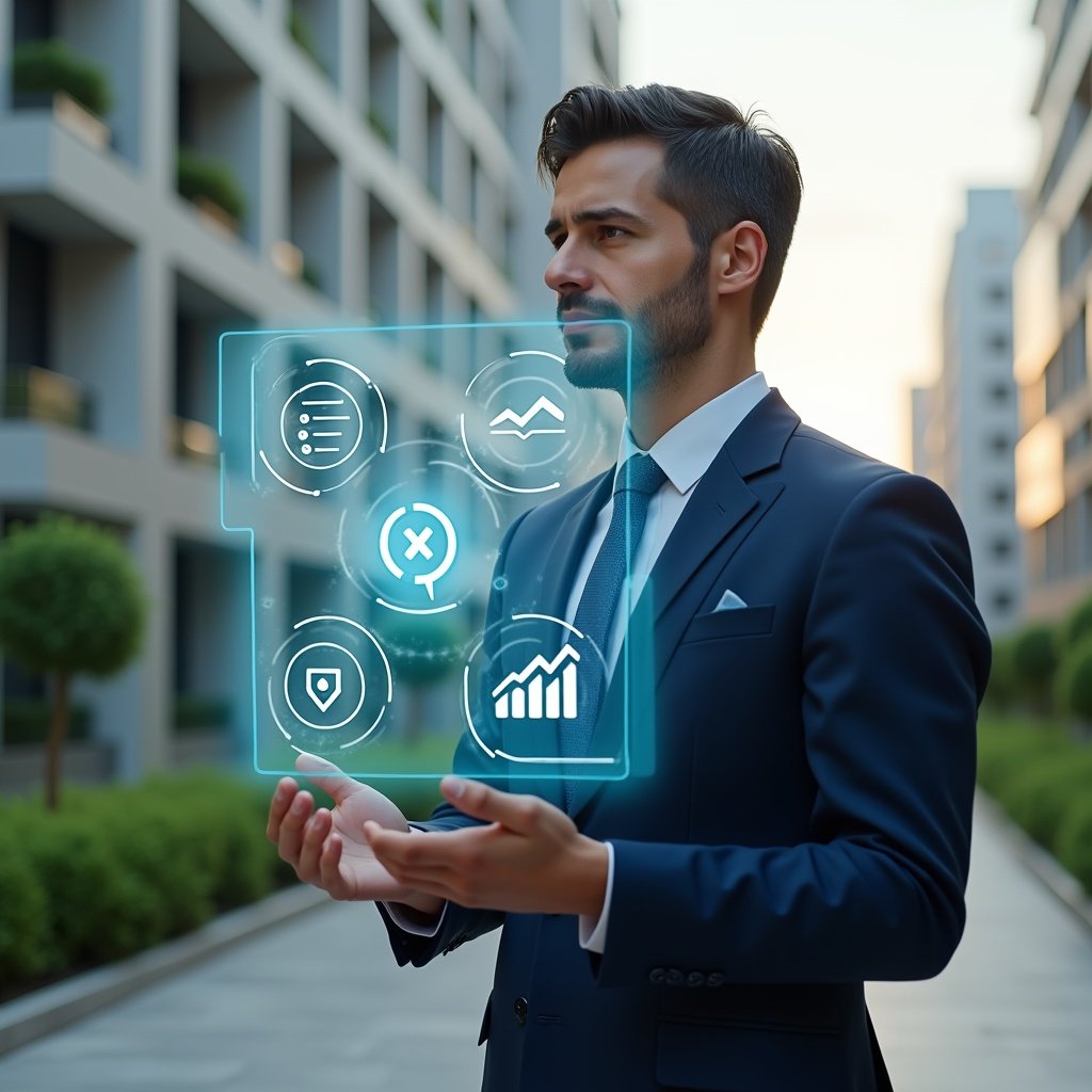 (Ultra-realistic condominium manager in a tailored navy blue suit, set in a modern luxury condominium environment with high-rise buildings and manicured green landscaping, confidently interacting with a floating holographic interface displaying icons for scheduling, financial charts, and chat bubbles, cinematic lighting, shallow depth of field, highly detailed textures, realistic skin, photographic realism, 8k resolution --ar 1:1 --v 6)
