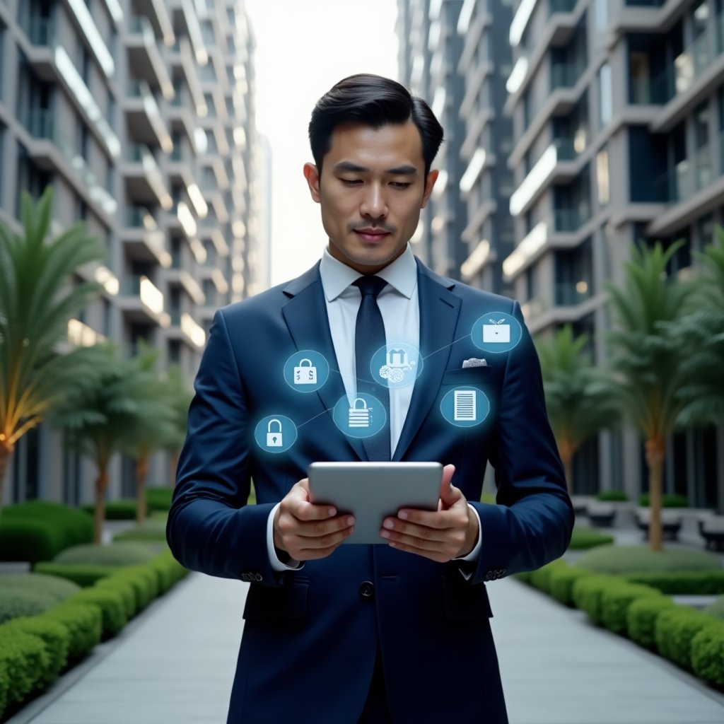 Ultra-realistic condo manager in a navy blue tailored suit, set in a modern luxury condominium environment with high-rise buildings and manicured greenery, holding a tablet and interacting with floating holographic icons (calendar, financial chart, lock, chat bubble, document), confident and focused expression, cinematic lighting, shallow depth of field, highly detailed textures, realistic skin, photographic realism, 8k resolution --ar 1:1 --v 6