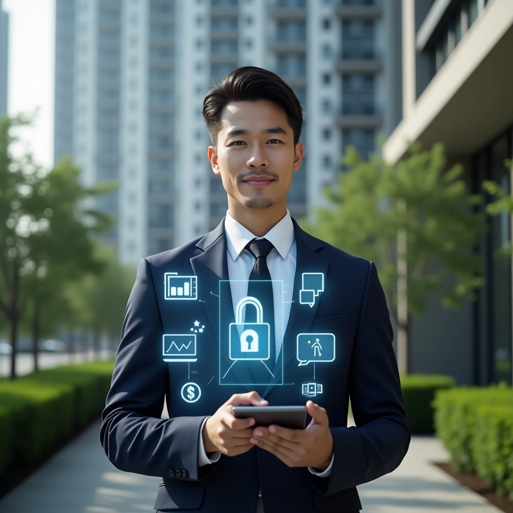 (Ultra-realistic condominium manager in a tailored navy suit, set in a modern luxury condominium environment with high-rise buildings and meticulously landscaped greenery, holding a transparent holographic tablet interface displaying icons for finance charts, chat bubbles, calendar and security lock, confident and focused expression, cinematic lighting, shallow depth of field, highly detailed textures, realistic skin, photographic realism, 8k resolution --ar 1:1 --v 6)