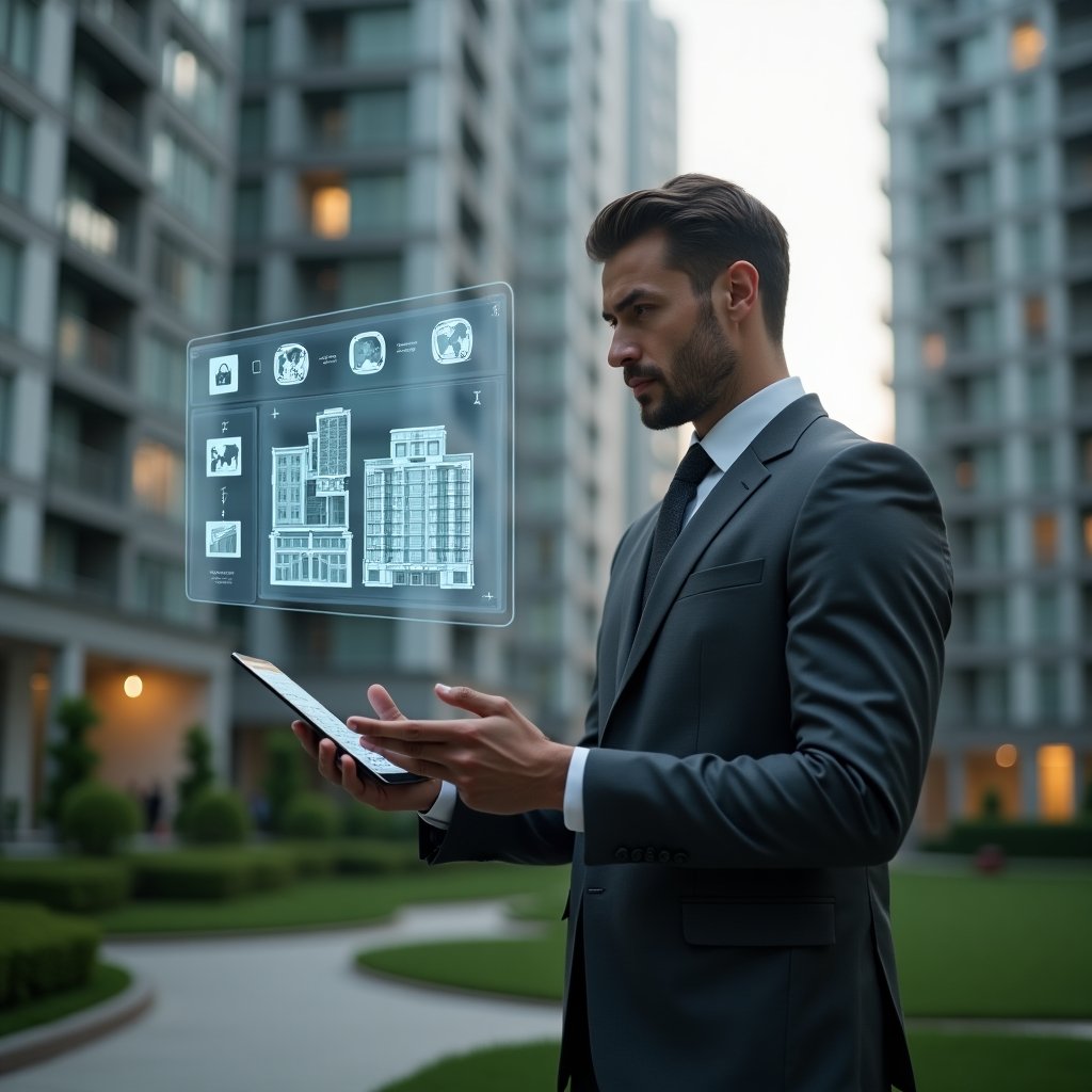Ultra-realistic condominium manager in a dark gray tailored suit, set in a modern luxury condominium environment with high-rise buildings and manicured green landscaping, examining a floating holographic financial report and checklist icons, confidently holding a tablet displaying a building floor plan, cinematic lighting, shallow depth of field, highly detailed textures, realistic skin, photographic realism, 8k resolution --ar 1:1 --v 6