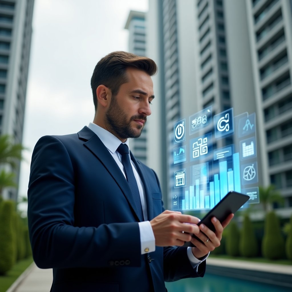 Ultra-realistic condominium manager in a navy blue suit, set in a modern luxury condominium environment with high-rise buildings and green landscaping, holding a digital tablet and analyzing a holographic management interface with charts and building icons, confident and thoughtful expression, cinematic lighting, shallow depth of field, highly detailed textures, realistic skin, photographic realism, 8k resolution --ar 1:1 --v 6
