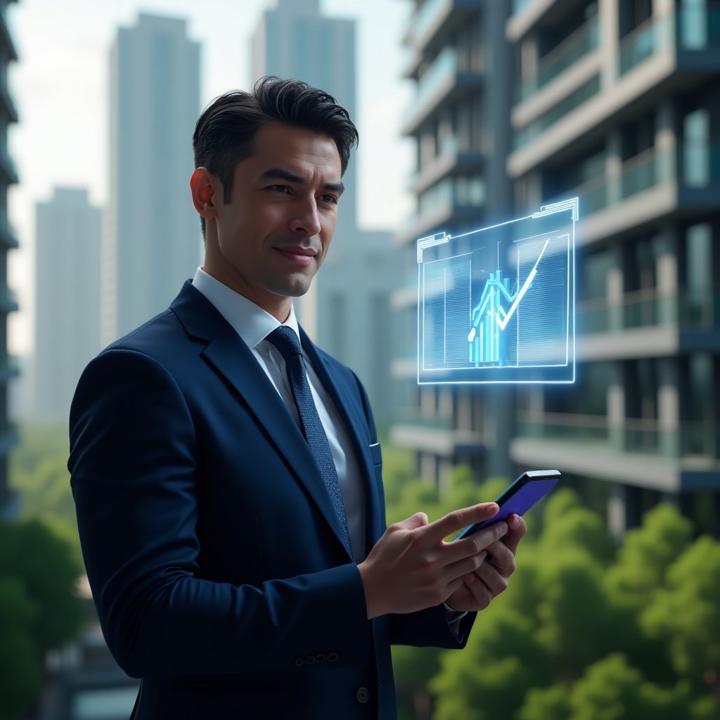 (Ultra-realistic condominium manager in a navy suit, set in a modern luxury condominium environment with high-rise buildings and green landscaping, examining a transparent holographic budget chart with an approval check icon, holding a digital tablet displaying a voting interface, confident expression, cinematic lighting, shallow depth of field, highly detailed textures, realistic skin, photographic realism, 8k resolution --ar 1:1 --v 6)