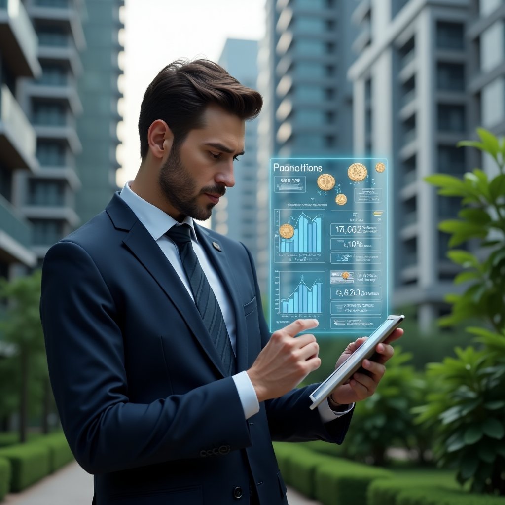 (Ultra-realistic professional condominium manager in a tailored navy suit, set in a modern luxury condominium environment with high-rise buildings and lush green landscaping, medium shot focused on the manager reviewing a digital tablet displaying holographic budget charts for ordinary and extraordinary expenses, floating icons of coins and pie graphs symbolizing financial planning, confident and thoughtful expression, cinematic lighting, shallow depth of field, highly detailed textures, realistic skin, photographic realism, 8k resolution --ar 1:1 --v 6)