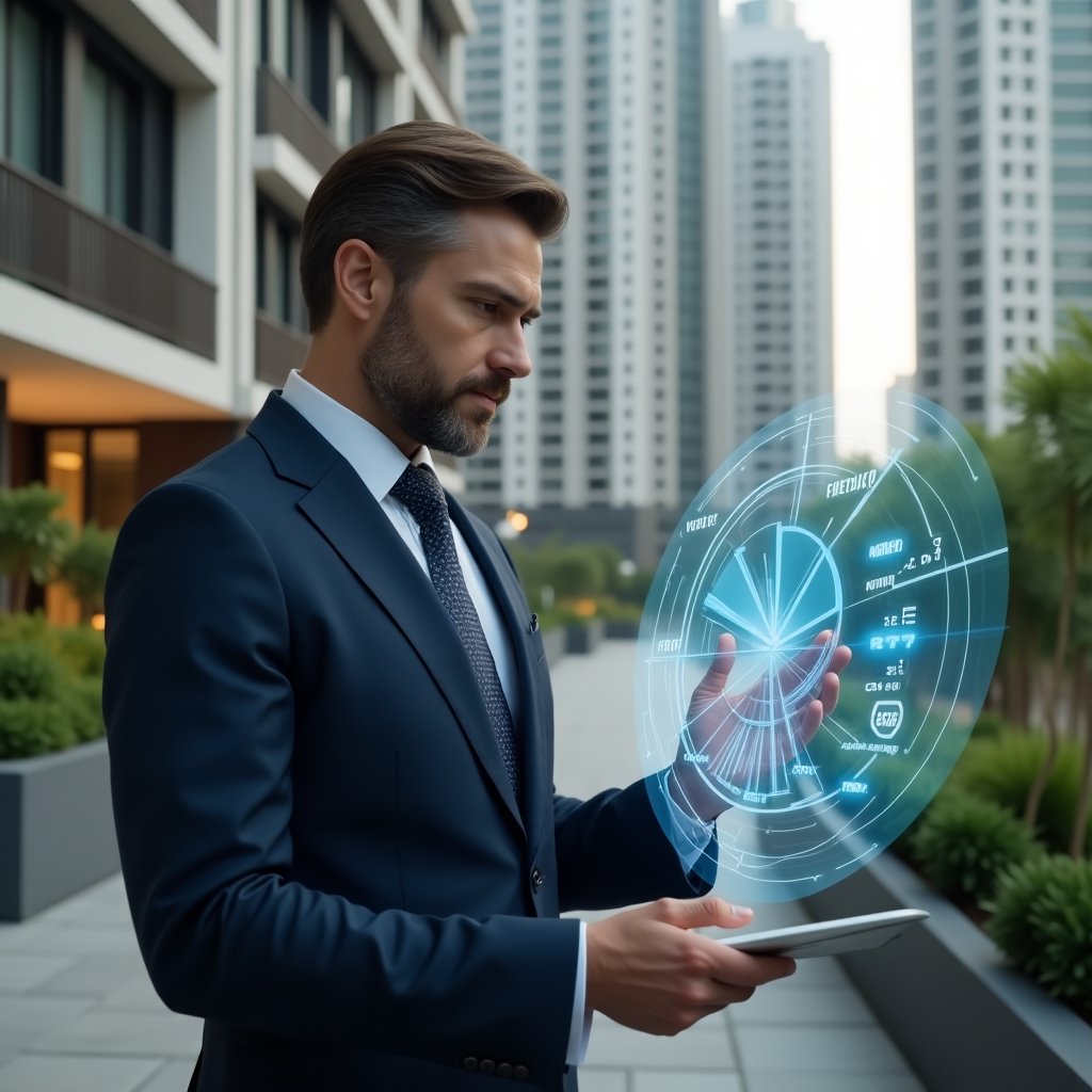 (Ultra-realistic condominium manager in a navy suit, set in a modern luxury condominium environment with high-rise buildings and meticulously landscaped greenery, examining a holographic pie chart representing fraction ideal calculations, holographic interface displaying voting icons and expense charts, confident and analytical expression, cinematic lighting, shallow depth of field, highly detailed textures, realistic skin, photographic realism, 8k resolution --ar 1:1 --v 6)