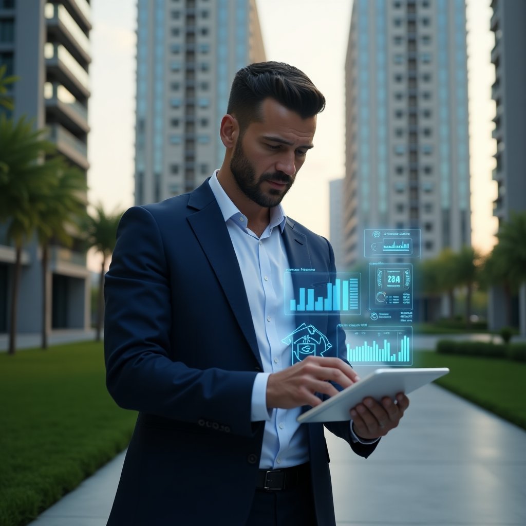 (Ultra-realistic condominium manager in a tailored navy suit, set in a modern luxury condominium environment with high-rise buildings and manicured green landscaping, mid shot of the manager analyzing holographic financial charts projected from a digital tablet, showing budget icons and expense graphs, confident and focused expression, cinematic lighting, shallow depth of field, highly detailed textures, realistic skin, photographic realism, 8k resolution --ar 1:1 --v 6)