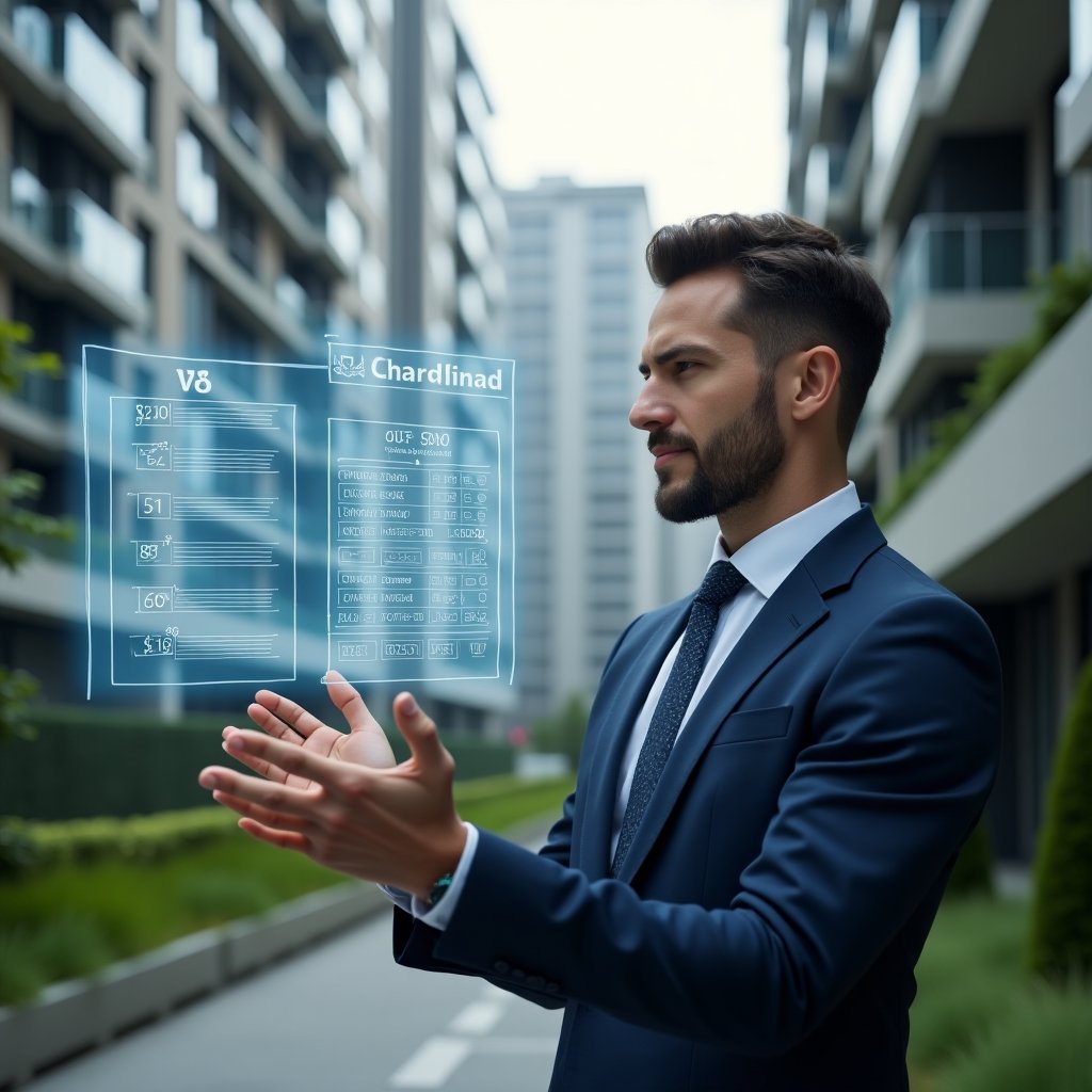 (Ultra-realistic condominium manager in a navy suit, set in a modern luxury condominium environment with high-rise buildings and well-manicured green landscaping, mid-shot of a confident professional reviewing floating holographic budget charts and approval stamps, cinematic lighting, shallow depth of field, highly detailed textures, realistic skin, photographic realism, 8k resolution --ar 1:1 --v 6)