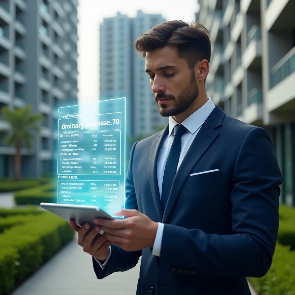 Ultra-realistic condominium manager in a navy blue suit, set in a modern luxury condominium environment with high-rise buildings and manicured green landscaping, analyzing a floating holographic breakdown of ordinary vs. extraordinary expenses on a transparent tablet, focused and confident expression, cinematic lighting, shallow depth of field, highly detailed textures, realistic skin, photographic realism, 8k resolution --ar 1:1 --v 6