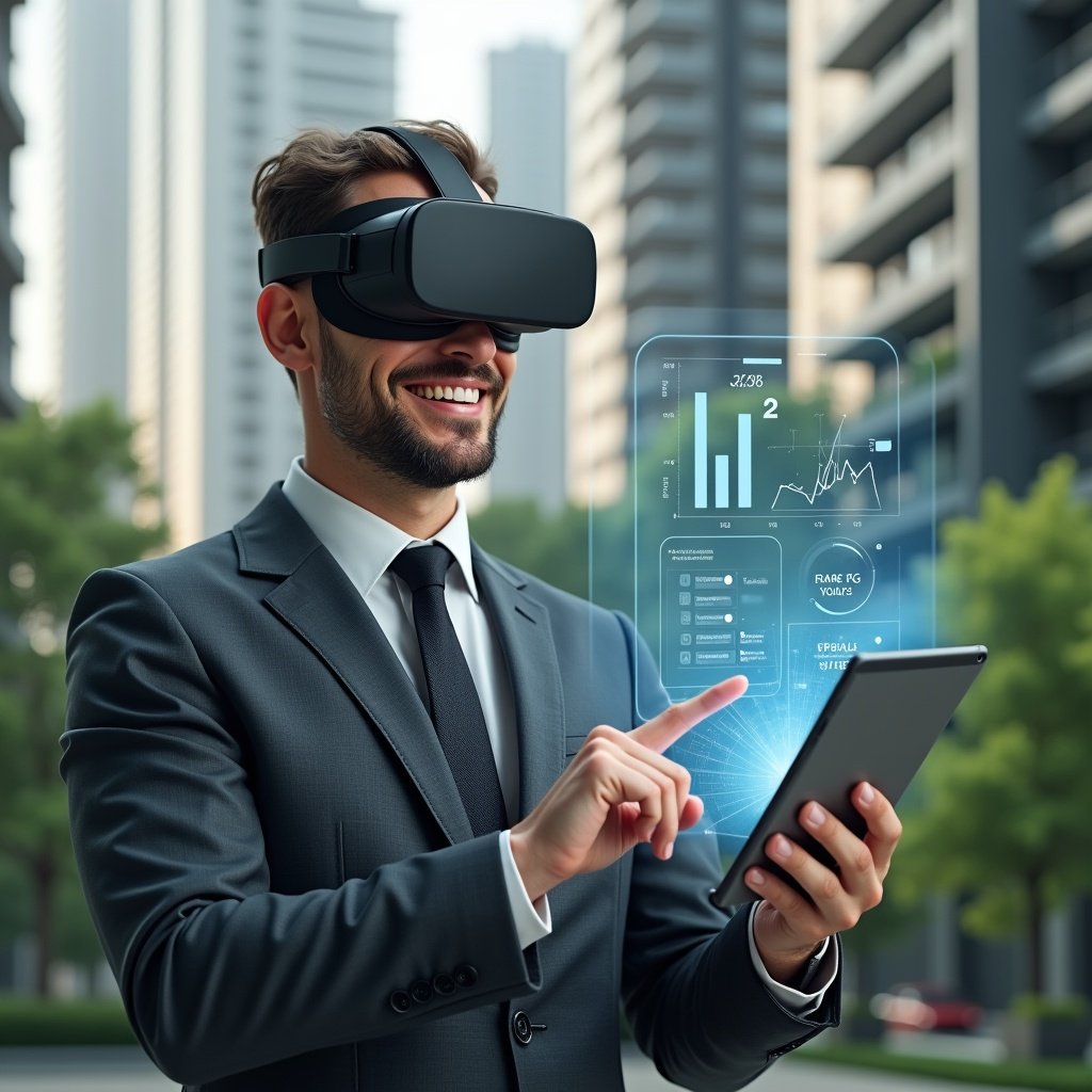 (Ultra-realistic condominium manager in a charcoal gray suit, set in a modern luxury condominium environment with high-rise buildings and green landscaping, holding a tablet displaying a holographic dashboard of an aplicativo para condomínio with floating icons and graphs, confidently pointing at the screen while smiling, cinematic lighting, shallow depth of field, highly detailed textures, realistic skin, photographic realism, 8k resolution --ar 1:1 --v 6)