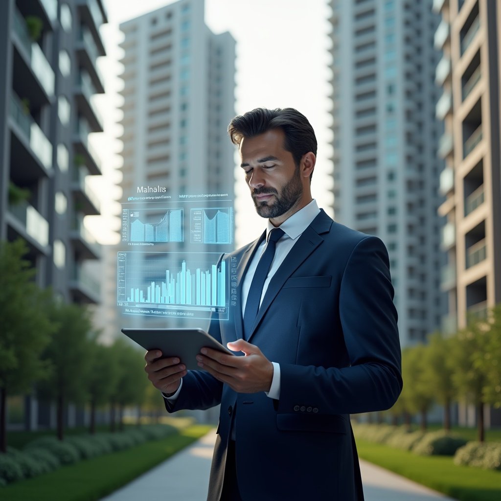 (Ultra-realistic condominium manager in a navy tailored suit, set in a modern luxury condominium environment with high-rise buildings and manicured green landscaping, holding a tablet displaying holographic financial charts and digital receipts, confidently reviewing transparent balancete visuals, cinematic lighting, shallow depth of field, highly detailed textures, realistic skin, photographic realism, 8k resolution --ar 1:1 --v 6)
