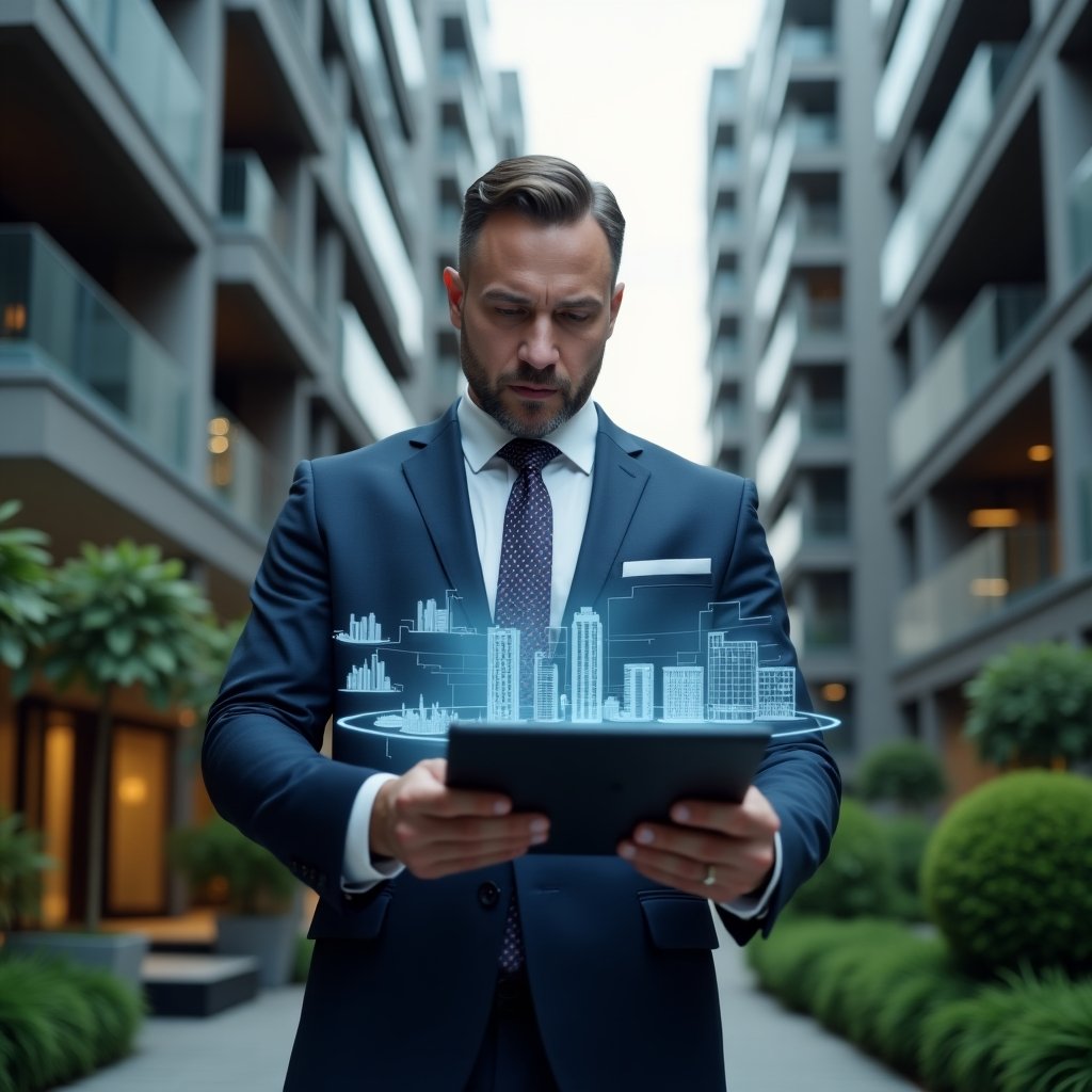 (Ultra-realistic condominium manager in a navy business suit, set in a modern luxury condominium environment with high-rise buildings and manicured green landscaping, medium close-up of a confident professional reviewing a holographic project plan with floating charts and building icons, cinematic lighting, shallow depth of field, highly detailed textures, realistic skin, photographic realism, 8k resolution --ar 1:1 --v 6)