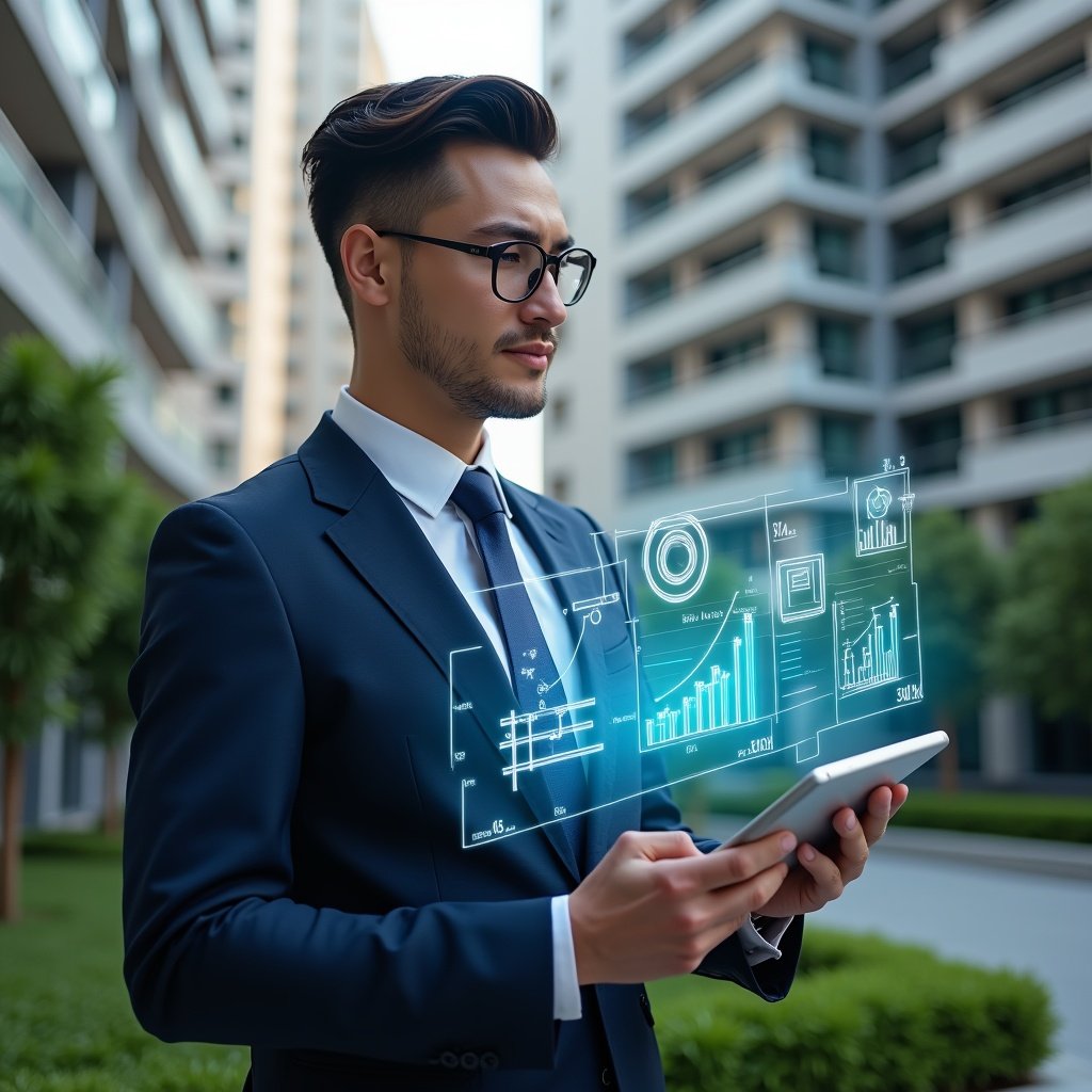 Ultra-realistic condominium manager in a navy executive suit, set in a modern luxury condominium environment with high-rise buildings and manicured green landscaping, analyzing holographic financial and occupancy charts projected from a sleek tablet, confident expression, symbolic metric icons floating around (pie charts, bar graphs, satisfaction smiley), cinematic lighting, shallow depth of field, highly detailed textures, realistic skin, photographic realism, 8k resolution --ar 1:1 --v 6
