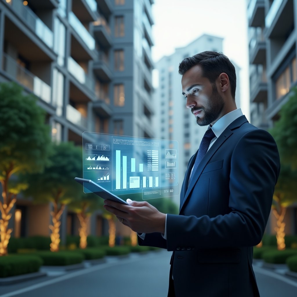 (Ultra-realistic condominium manager in a tailored navy suit, set in a modern luxury condominium environment with high-rise buildings and lush green landscaping, medium shot of the manager studying a holographic financial report projected above a tablet, floating transparent charts and documents symbolizing transparent accounting, cinematic lighting, shallow depth of field, highly detailed textures, realistic skin, photographic realism, 8k resolution --ar 1:1 --v 6)