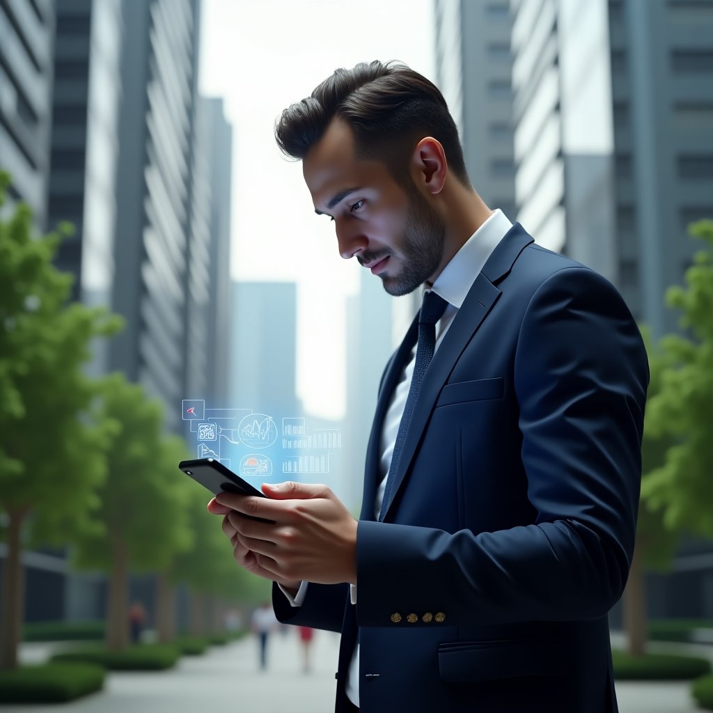 (Ultra-realistic condominium manager in a navy blue business suit, set in a modern luxury condominium environment with high-rise buildings and meticulously landscaped greenery, confidently interacting with a floating holographic smartphone interface displaying app icons and graphs, cinematic lighting, shallow depth of field, highly detailed textures, realistic skin, photographic realism, 8k resolution --ar 1:1 --v 6)
