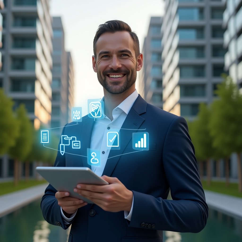 (Ultra-realistic condominium manager in a navy-blue tailored suit, set in a modern luxury condominium environment with high-rise buildings and manicured green landscaping, holding a tablet projecting holographic icons for chat, calendar, and analytics symbolizing communication and transparency, confident smile as they showcase the app’s interface, cinematic lighting, shallow depth of field, highly detailed textures, realistic skin, photographic realism, 8k resolution --ar 1:1 --v 6)
