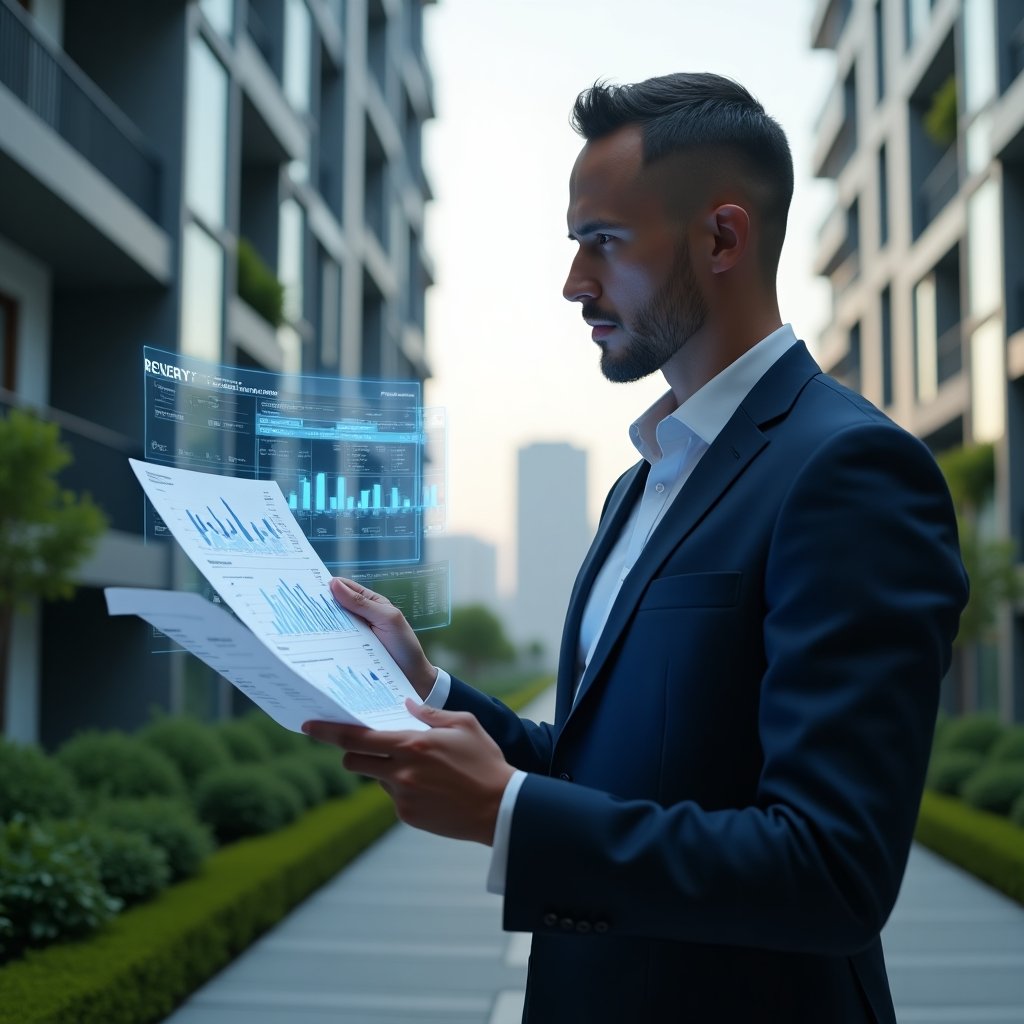 (Ultra-realistic condominium manager in a navy suit, set in a modern luxury condominium environment with high-rise buildings and manicured green landscaping, mid-shot holding a transparent holographic financial report with detailed charts and graphs, confidently analyzing data, a digital ledger icon floating nearby, cinematic lighting, shallow depth of field, highly detailed textures, realistic skin, photographic realism, 8k resolution --ar 1:1 --v 6)