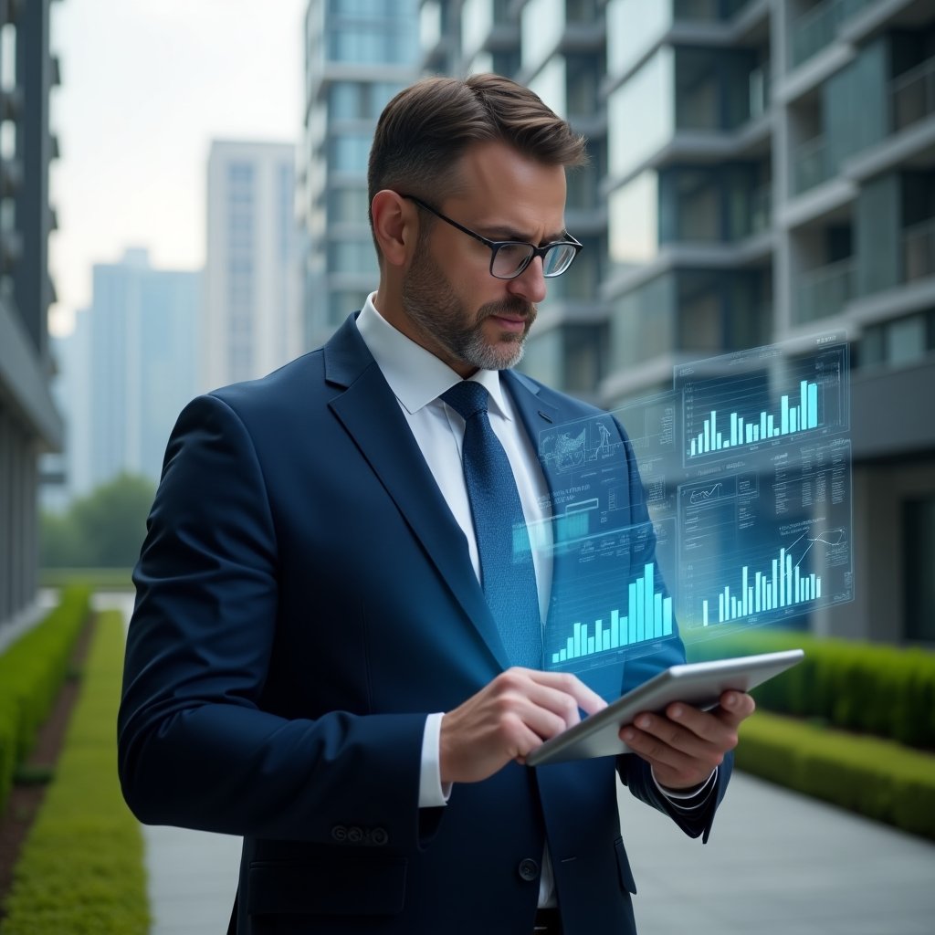 (Ultra-realistic property manager in a navy executive suit, set in a modern luxury condominium environment with high-rise buildings and manicured green landscaping, holding a digital tablet displaying holographic charts and condominium management icons, confidently analyzing data to demonstrate digital administration, futuristic hologram overlays of financial graphs and transparent dashboards hovering beside them, cinematic lighting, shallow depth of field, highly detailed textures, realistic skin, photographic realism, 8k resolution --ar 1:1 --v 6)