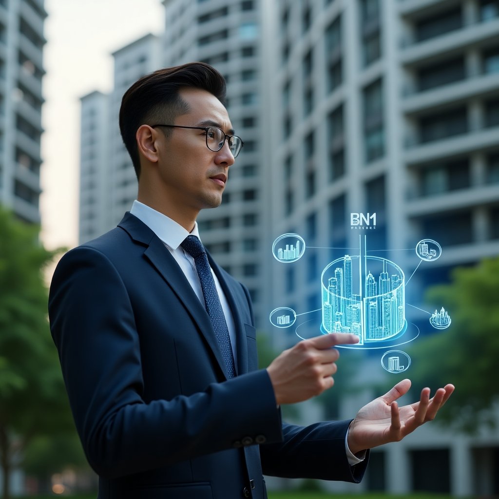 (Ultra-realistic condominium manager in a navy suit, set in a modern luxury condominium environment with high-rise buildings and lush green landscaping, analyzing a holographic pie chart representing the ideal fraction distribution of units, holographic icons of building silhouettes and currency symbols floating around, confident and focused expression, cinematic lighting, shallow depth of field, highly detailed textures, realistic skin, photographic realism, 8k resolution --ar 1:1 --v 6)