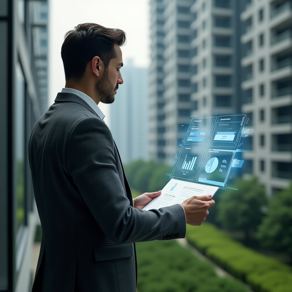 (Ultra-realistic condominium manager in a charcoal gray suit, set in a modern luxury condominium environment with high-rise buildings and manicured green landscaping, close-up of a confident professional examining a holographic pie chart of unit fractions and expense allocation, floating holographic icons of bills and graphs around them, cinematic lighting, shallow depth of field, highly detailed textures, realistic skin, photographic realism, 8k resolution --ar 1:1 --v 6)