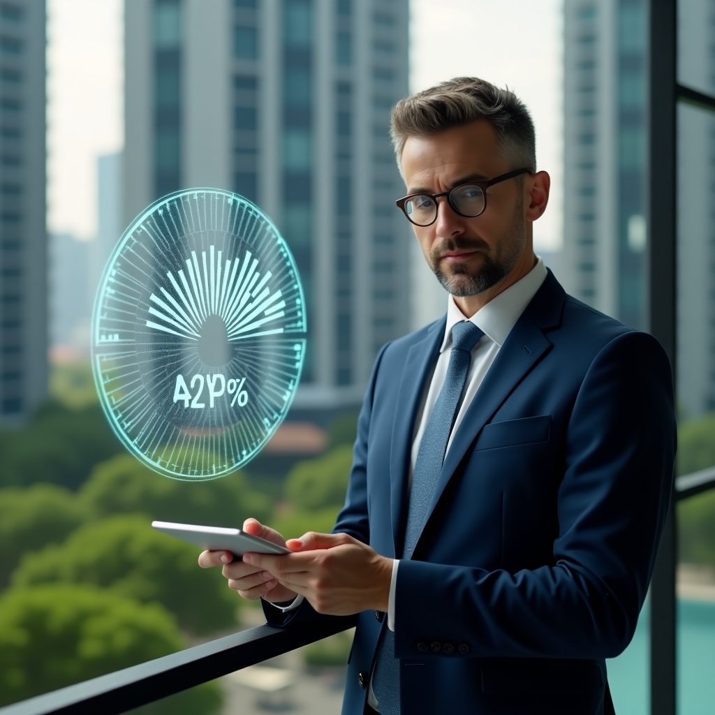 (Ultra-realistic condominium manager in a navy executive suit, set in a modern luxury condominium environment with high-rise buildings and lush green landscaping, analyzing a holographic pie chart representing cost distribution, holding a tablet with floating fractional numbers, confident and focused expression, cinematic lighting, shallow depth of field, highly detailed textures, realistic skin, photographic realism, 8k resolution --ar 1:1 --v 6)