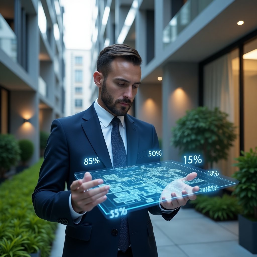 Ultra-realistic condominium manager in a navy blue suit, set in a modern luxury condominium environment with high-rise buildings and manicured green landscaping, holding and analyzing a floating holographic floor plan with highlighted percentage values, thoughtful expression, futuristic transparent percentage icons and ledger symbols orbiting around, cinematic lighting, shallow depth of field, highly detailed textures, realistic skin, photographic realism, 8k resolution --ar 1:1 --v 6