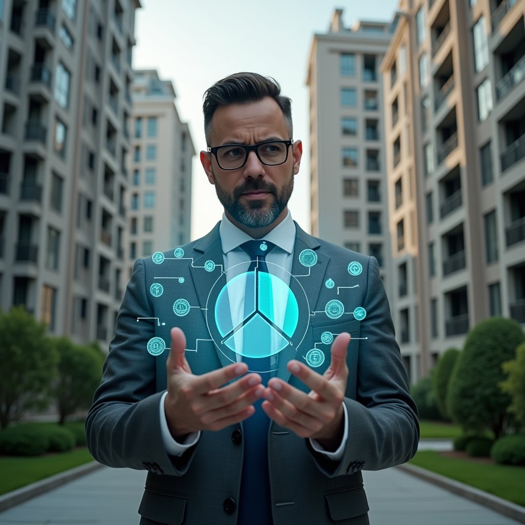 (Ultra-realistic condominium manager in a dark gray tailored suit, set in a modern luxury condominium environment with high-rise buildings and manicured green landscaping, analyzing a floating holographic pie chart of unit fractions and expense allocations with a thoughtful expression, holographic icons of coins and percentage symbols surrounding the chart, cinematic lighting, shallow depth of field, highly detailed textures, realistic skin, photographic realism, 8k resolution --ar 1:1 --v 6)
