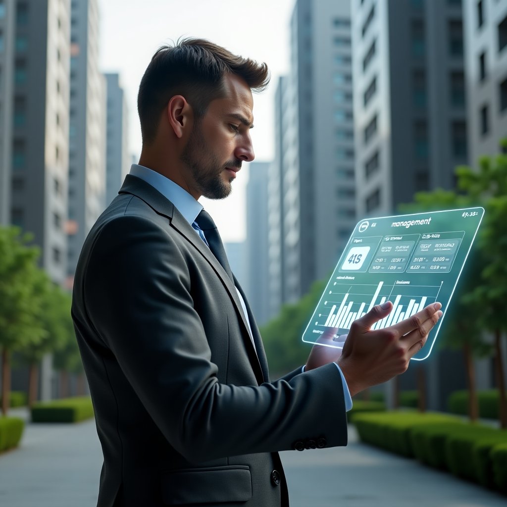 (Ultra-realistic property manager in a tailored charcoal gray suit, set in a modern luxury condominium environment with high-rise buildings and lush green landscaping, reviewing a holographic financial dashboard displaying expense breakdowns, a floating translucent icon of a mobile app menu labeled “management,” confident and focused expression, cinematic lighting, shallow depth of field, highly detailed textures, realistic skin, photographic realism, 8k resolution --ar 1:1 --v 6)