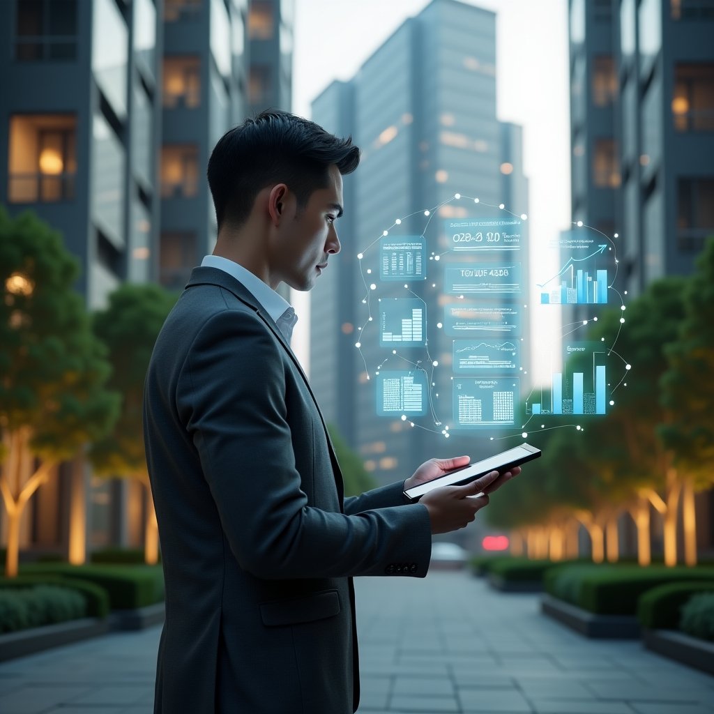 (Ultra-realistic condominium manager in a charcoal gray tailored suit, set in a modern luxury condominium environment with high-rise buildings and manicured green landscaping, examining a floating holographic chart of ordinary and extraordinary expenses with a digital tablet in hand, glowing icons of invoices and budget graphs surrounding them, confident and focused expression, cinematic lighting, shallow depth of field, highly detailed textures, realistic skin, photographic realism, 8k resolution --ar 1:1 --v 6)