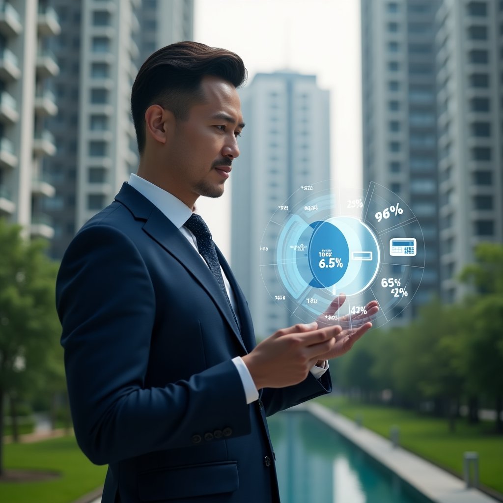 (Ultra-realistic condominium manager in a dark blue tailored suit, set in a modern luxury condominium environment with high-rise buildings and lush green landscaping, examining a holographic pie chart displaying ideal fractions and cost allocations, confident and focused expression, floating icons of percentages and calculator, cinematic lighting, shallow depth of field, highly detailed textures, realistic skin, photographic realism, 8k resolution --ar 1:1 --v 6)