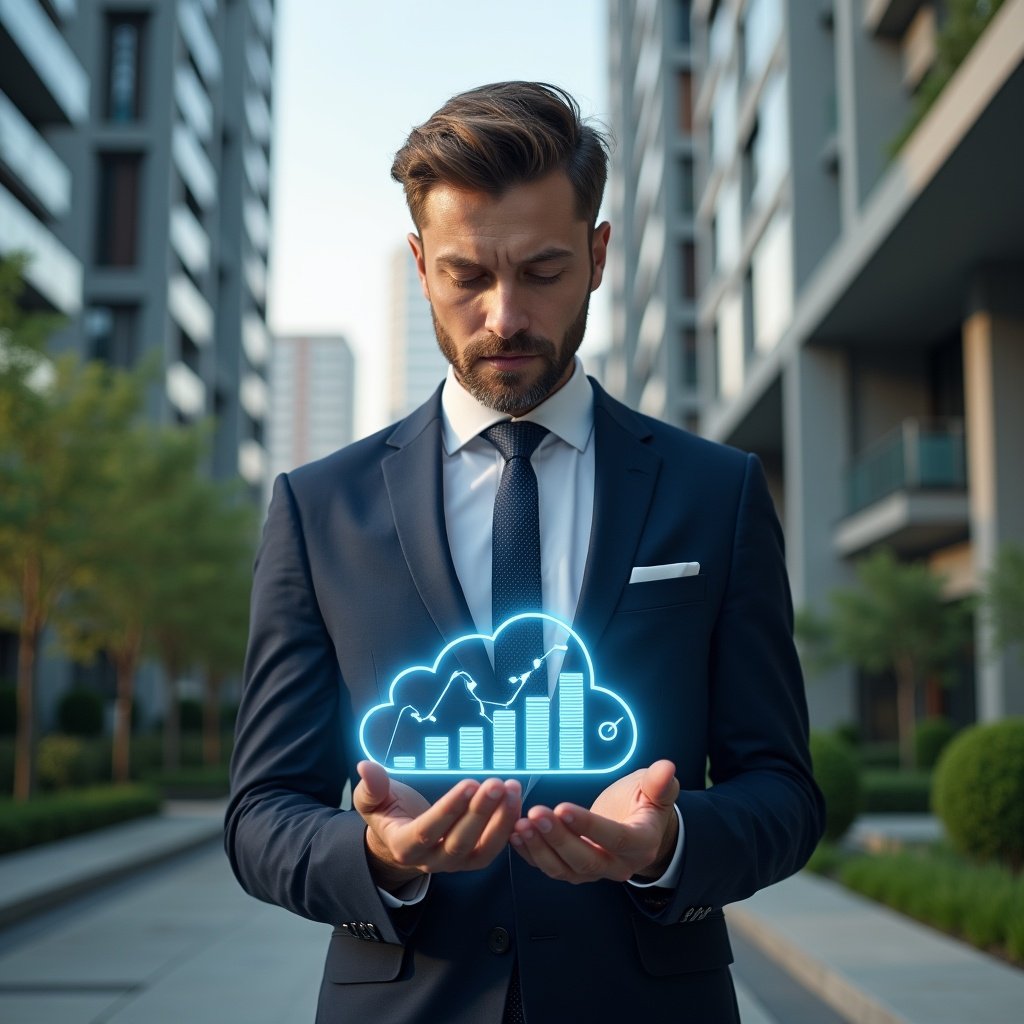 Ultra-realistic condominium manager in a tailored navy suit, set in a modern luxury condominium environment with high-rise buildings and manicured greenery, examining a floating holographic cloud-based financial report, holographic icons of charts and ledger pages symbolizing digital accounting, confident and focused expression, cinematic lighting, shallow depth of field, highly detailed textures, realistic skin, photographic realism, 8k resolution --ar 1:1 --v 6