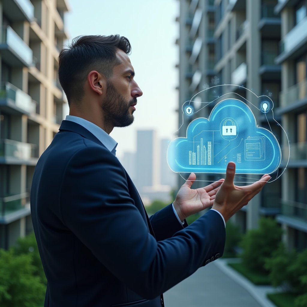 (Ultra-realistic condominium manager in a navy suit, set in a modern luxury condominium environment with high-rise buildings and lush green landscaping, interacting with a floating cloud-based holographic interface displaying data charts and security icons, symbolizing real-time remote access and secure cloud management, confident and focused expression, cinematic lighting, shallow depth of field, highly detailed textures, realistic skin, photographic realism, 8k resolution --ar 1:1 --v 6)
