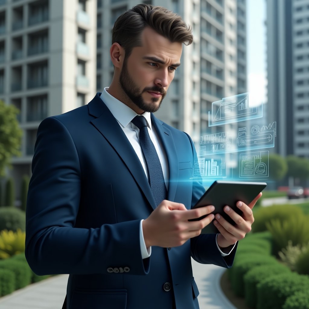 Ultra-realistic condominium manager in a navy blue business suit, set in a modern luxury condominium environment with high-rise buildings and green landscaping, analyzing holographic financial charts projected from a tablet with a focused, confident expression, floating icons of graphs and documents around them, cinematic lighting, shallow depth of field, highly detailed textures, realistic skin, photographic realism, 8k resolution --ar 1:1 --v 6