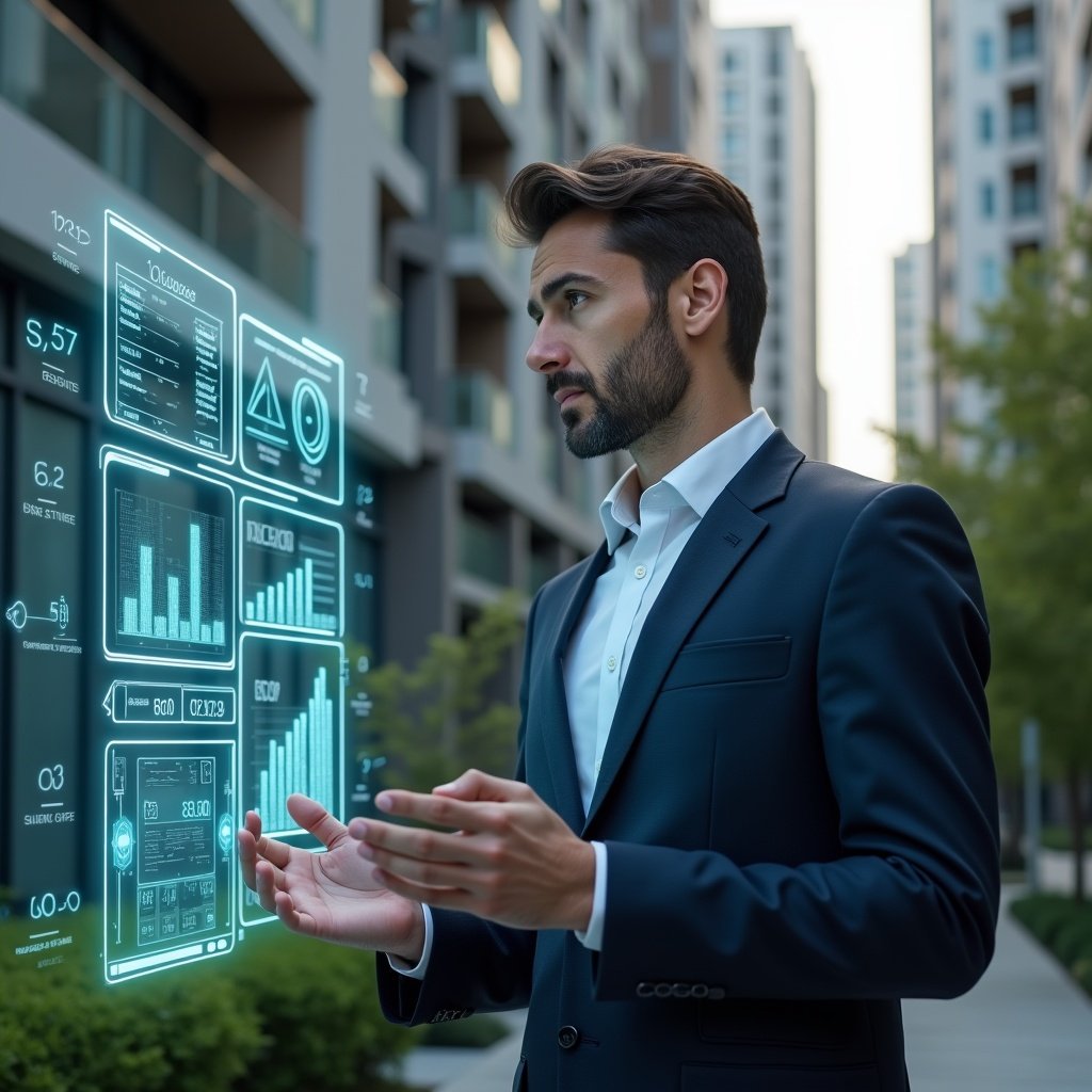 Ultra-realistic condominium manager in a tailored navy suit, set in a modern luxury condominium environment with high-rise buildings and manicured greenery, analyzing a holographic financial dashboard displaying audit reports and automated charts, confident expression, cinematic lighting, shallow depth of field, highly detailed textures, realistic skin, photographic realism, 8k resolution --ar 1:1 --v 6