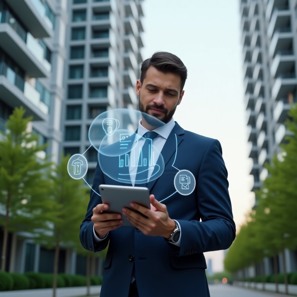 Ultra-realistic condo manager in a navy executive suit, set in a modern luxury condominium environment with high-rise buildings and manicured green gardens, holding a tablet and confidently interacting with floating holographic icons of checklists and communication bubbles, cinematic lighting, shallow depth of field, highly detailed textures, realistic skin, photographic realism, 8k resolution --ar 1:1 --v 6