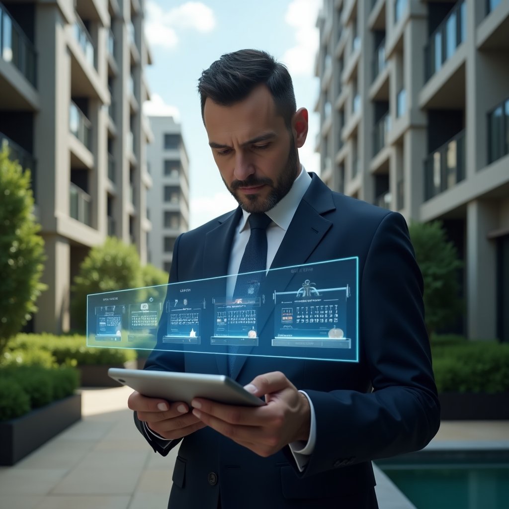 (Ultra-realistic condominium manager in a navy blue suit, set in a modern luxury condominium environment with high-rise buildings and meticulously landscaped gardens, checking a holographic schedule timeline projected from a tablet, confident and focused expression, floating calendar icons and maintenance tools holograms around them, cinematic lighting, shallow depth of field, highly detailed textures, realistic skin, photographic realism, 8k resolution --ar 1:1 --v 6)