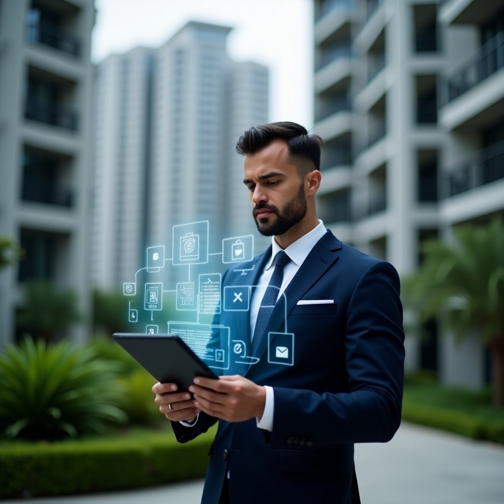 (Ultra-realistic condo manager in a tailored navy suit, set in a modern luxury condominium environment with high-rise buildings and manicured green landscaping, holding a tablet displaying holographic error icons and check marks as they thoughtfully analyze data to avoid common app mistakes, floating holographic app interface symbols, confident and focused expression, cinematic lighting, shallow depth of field, highly detailed textures, realistic skin, photographic realism, 8k resolution --ar 1:1 --v 6)