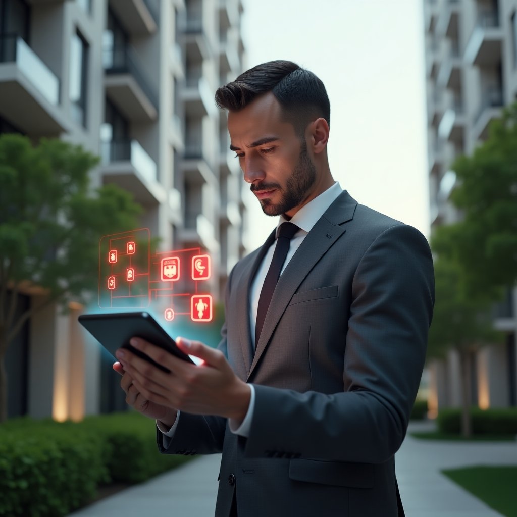 Ultra-realistic condominium manager in a charcoal gray suit, set in a modern luxury condominium environment with high-rise buildings and manicured green landscaping, reviewing a holographic touchscreen tablet displaying red warning icons and a floating app interface, thoughtful and focused expression, cinematic lighting, shallow depth of field, highly detailed textures, realistic skin, photographic realism, 8k resolution --ar 1:1 --v 6