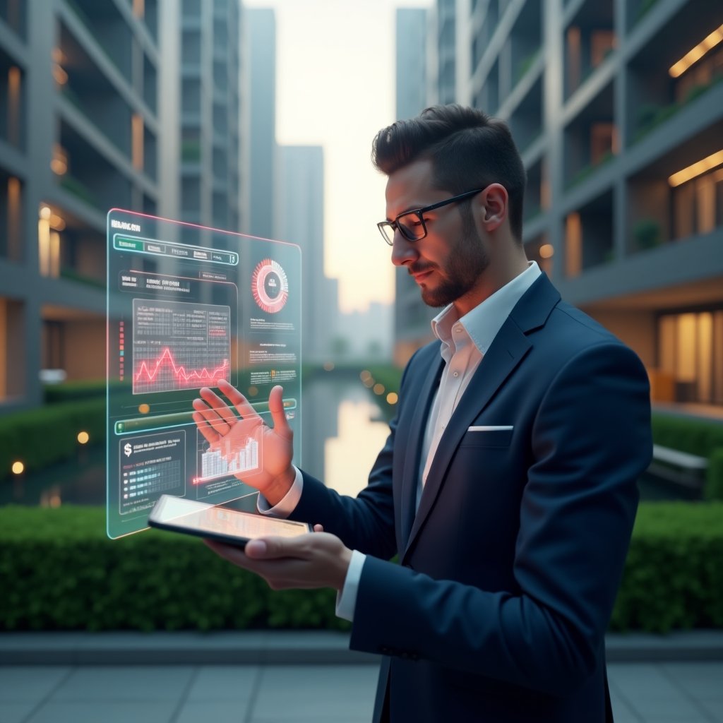 Ultra-realistic condominium manager in a navy suit, set in a modern luxury condominium environment with high-rise buildings and manicured green landscaping, thoughtfully examining a holographic financial dashboard displaying glowing red warning icons and translucent receipts, cinematic lighting, shallow depth of field, highly detailed textures, realistic skin, photographic realism, 8k resolution --ar 1:1 --v 6