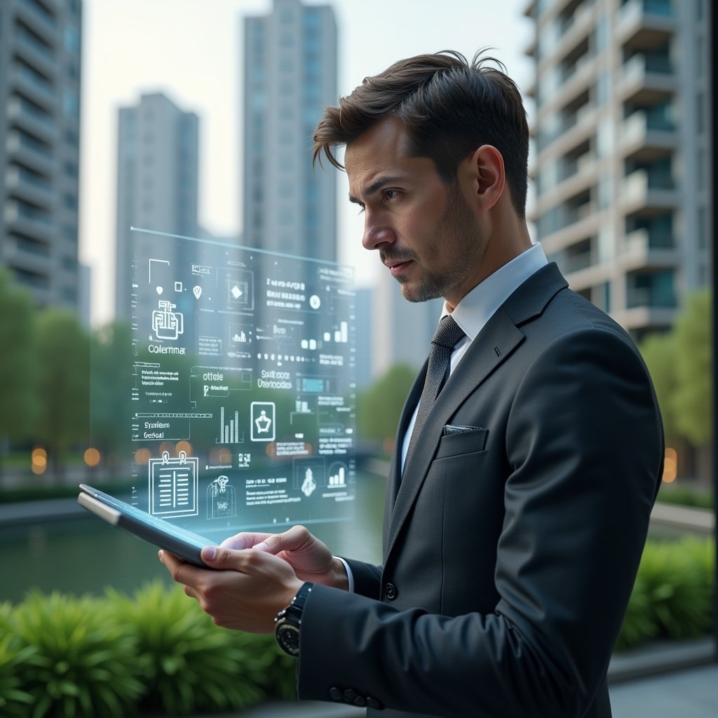 (Ultra-realistic condominium manager in a tailored dark gray suit, set in a modern luxury condominium environment with high-rise buildings and lush green landscaping, examining a floating holographic dashboard displaying chat bubbles, financial charts, calendar icons, reservation grids and security shield icons, confident and focused expression, cinematic lighting, shallow depth of field, highly detailed textures, realistic skin, photographic realism, 8k resolution --ar 1:1 --v 6)