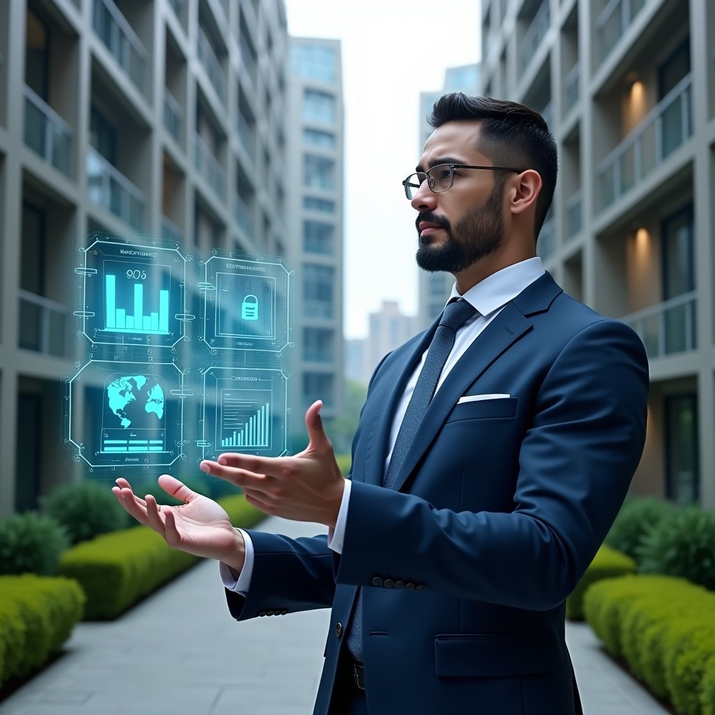 (Ultra-realistic condominium manager in a navy blue smart suit, set in a modern luxury condominium environment with high-rise buildings and manicured green landscaping, confidently interacting with a floating holographic dashboard displaying building analytics and floor plans, neon-blue icons symbolizing digital maintenance, reservations and access control, cinematic lighting, shallow depth of field, highly detailed textures, realistic skin, photographic realism, 8k resolution --ar 1:1 --v 6)