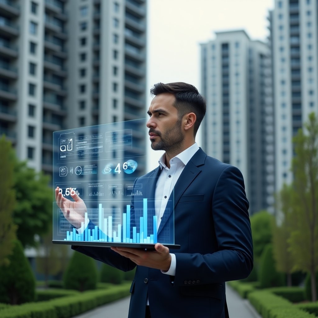 Ultra-realistic condominium manager in a navy suit, set in a modern luxury condominium environment with high-rise buildings and well-manicured green landscaping, mid-shot of a focused professional analyzing holographic financial reports and bar graphs floating before them, symbolic hologram of data charts and strategic insights, cinematic lighting, shallow depth of field, highly detailed textures, realistic skin, photographic realism, 8k resolution --ar 1:1 --v 6