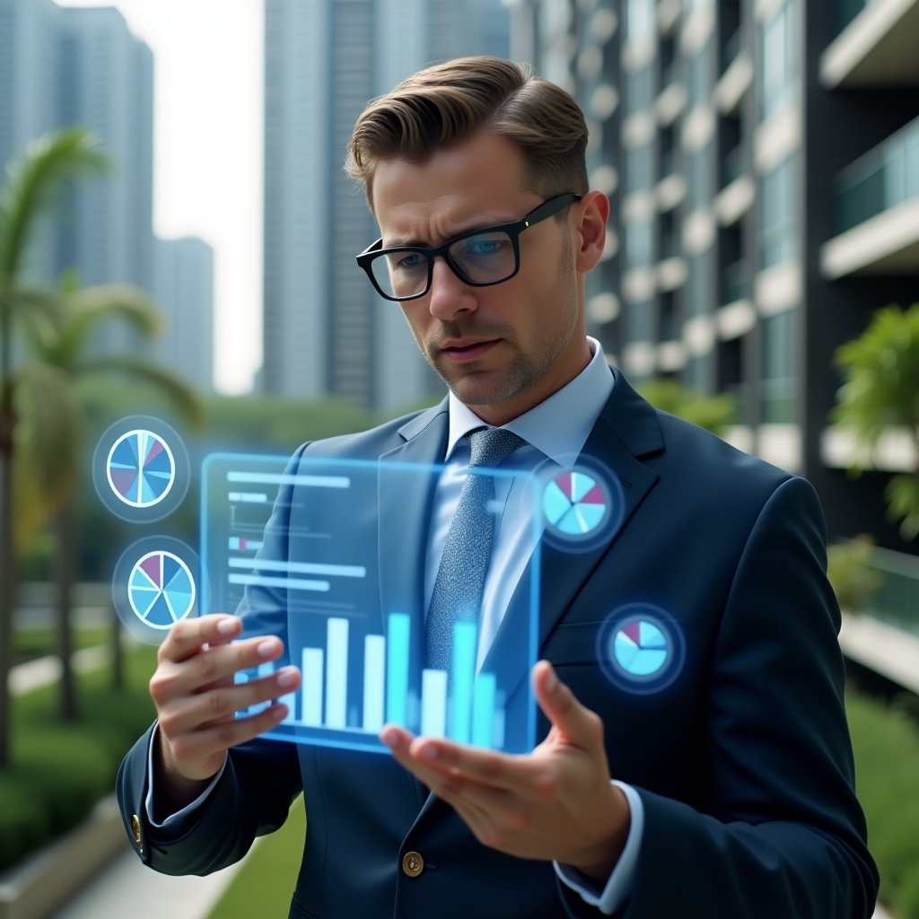 Ultra-realistic condominium manager in a navy suit, set in a modern luxury condominium environment with high-rise buildings and lush green landscaping, mid shot focused on analyzing a transparent holographic financial report displaying pie charts and bar graphs, floating holographic icons of expenses and budgets around the character, confident and thoughtful expression, cinematic lighting, shallow depth of field, highly detailed textures, realistic skin, photographic realism, 8k resolution --ar 1:1 --v 6